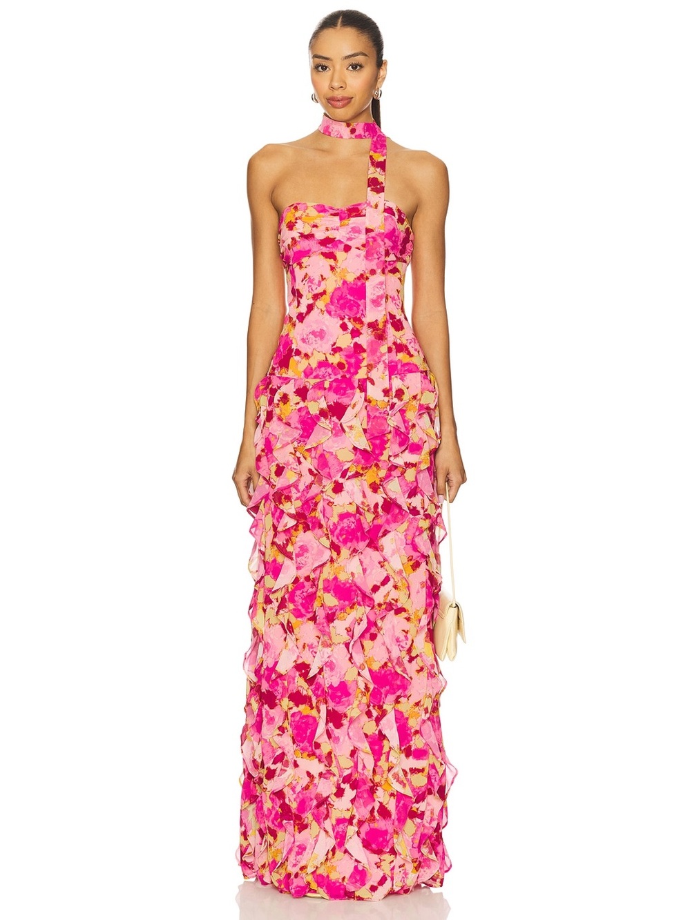 Tracie Gown in Pink Georgia Floral Strapless Pink Floral Ruffle Maxi Dress